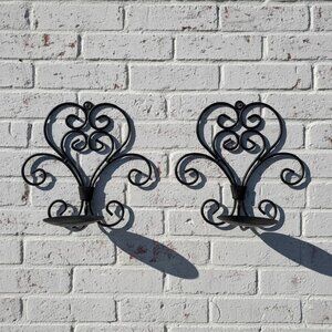 Wrought Iron Candle Holders Wall Sconces Black Rustic Candelabra Pair Vtg Scroll